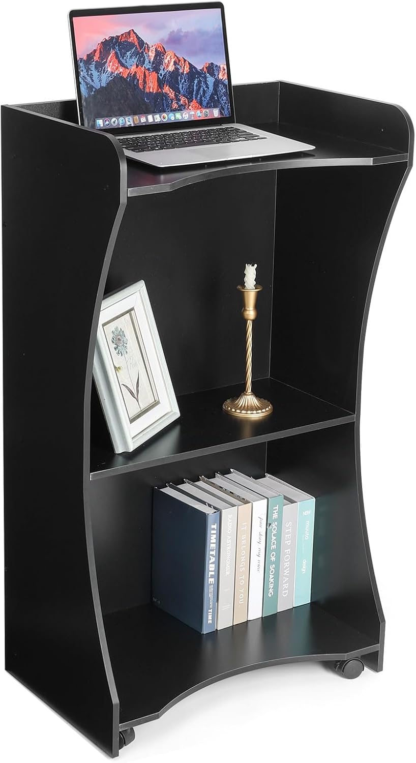 Wooden Podium Stand with Wheels, Black Lectern for Church Pulpits, Reception Desks, Lectures