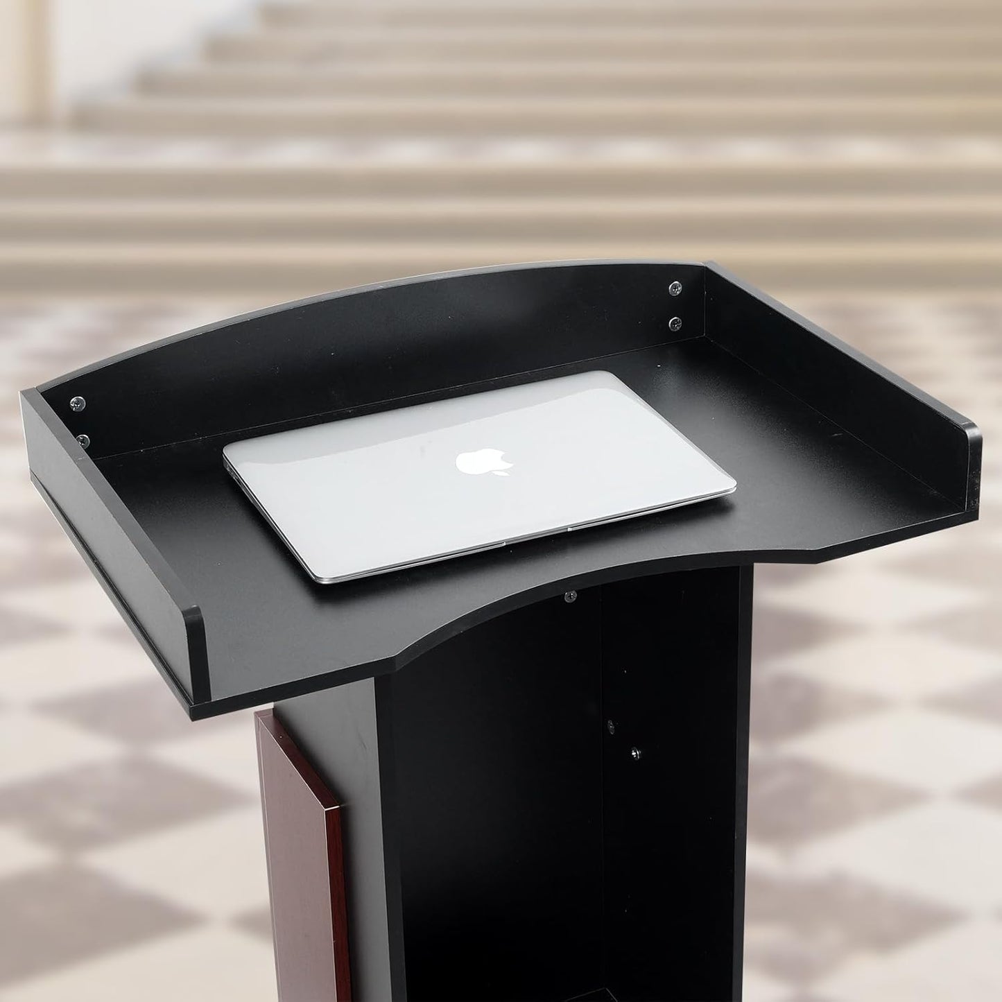 Lectern Podium with Storage Shelves, 41.3H x 23.6W x 15.7D inches, Presentation Pulpit for Church Classroom, Black and Reddish Brown