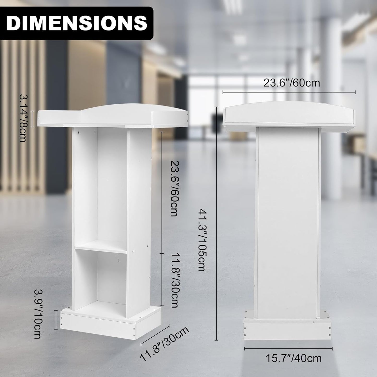 Podium Stand for Lectern Presentation Church Classroom, White Pulpit with Wooden Heavy Base, Podium for Lecture, Wedding Speech