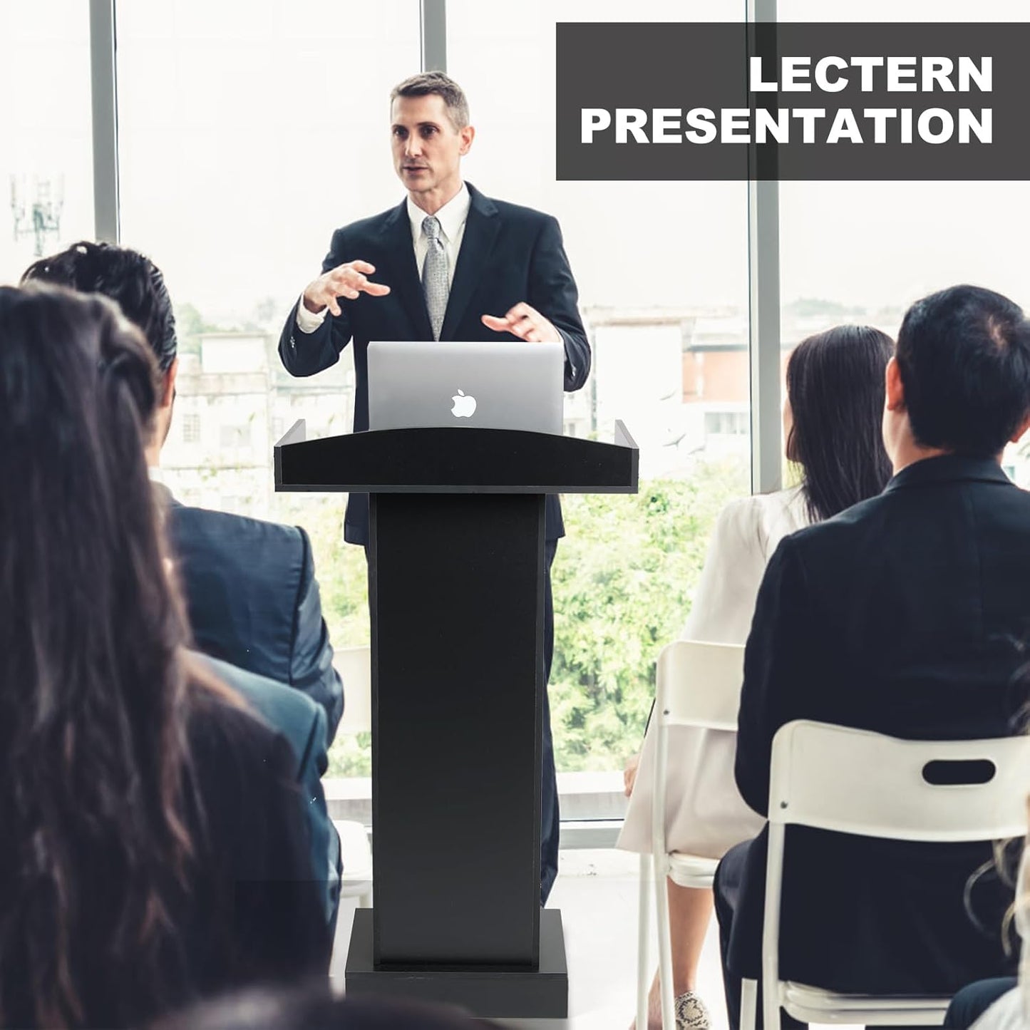 Podium Stand for Lectern Presentation Church Classroom, Pulpit with Wooden Heavy Base, Black Podium for Lecture, Wedding Speech