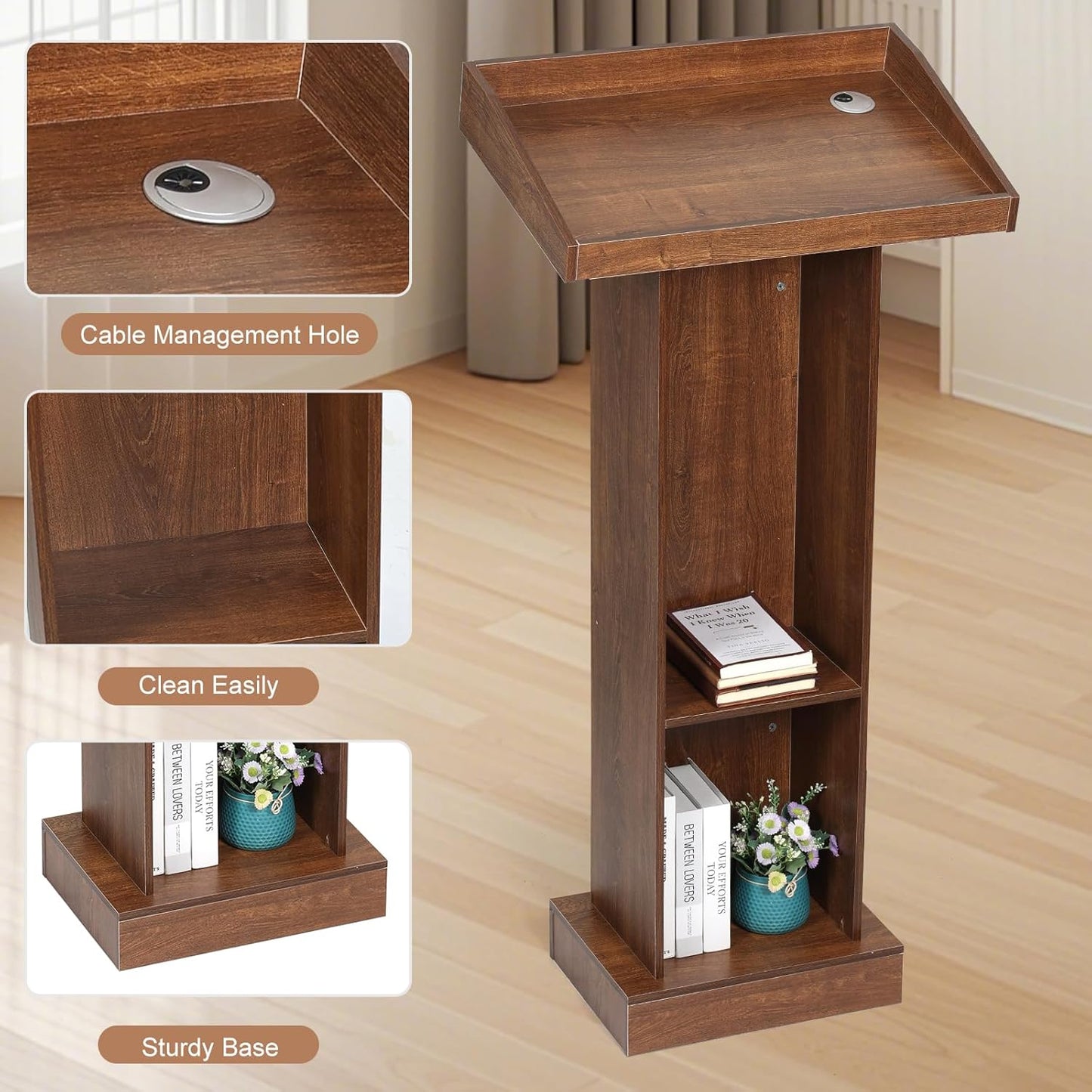 Wooden Podium Stand for Lectern Presentation Wedding Speech, Farmhouse Pulpit for Church Classroom (Walnut)