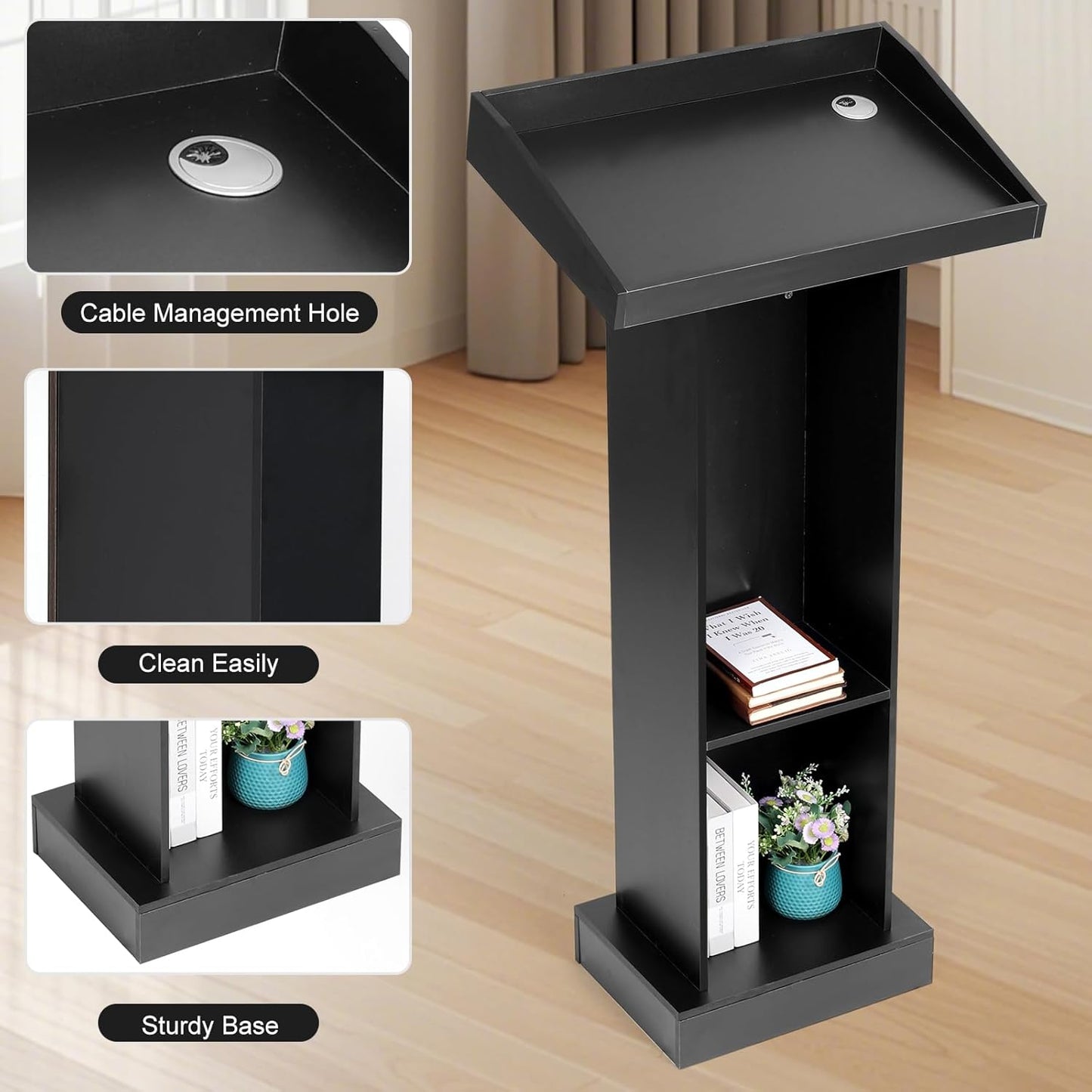 Wooden Black Pulpit for Lecture Wedding Speech Farmhouse Podium Stand for Lectern Presentation Church Classroom