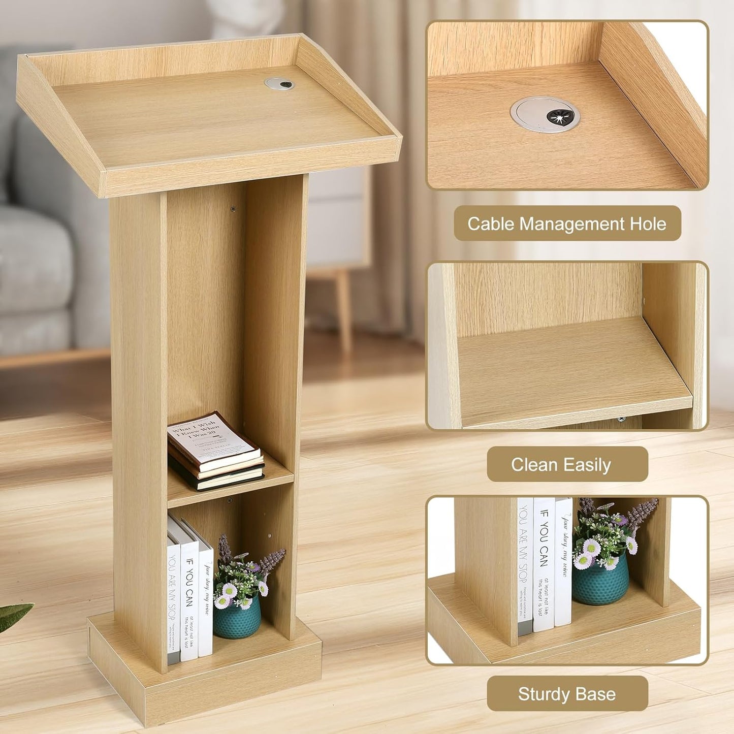 Wooden Lectern Podium Stand with Storage, Church Pulpit for Wedding Classroom Speech, Farmhouse Style, Khaki
