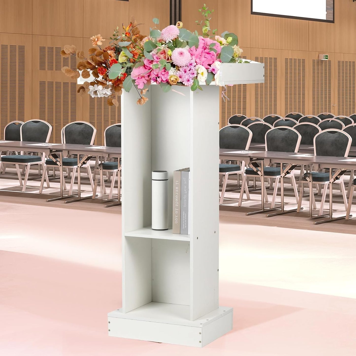 Podium Stand for Lectern Presentation Church Classroom, White Pulpit with Wooden Heavy Base, Podium for Lecture, Wedding Speech