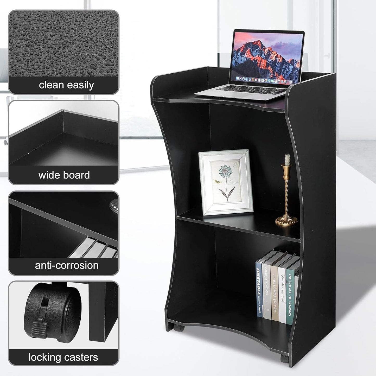 Wooden Podium Stand with Wheels, Black Lectern for Church Pulpits, Reception Desks, Lectures