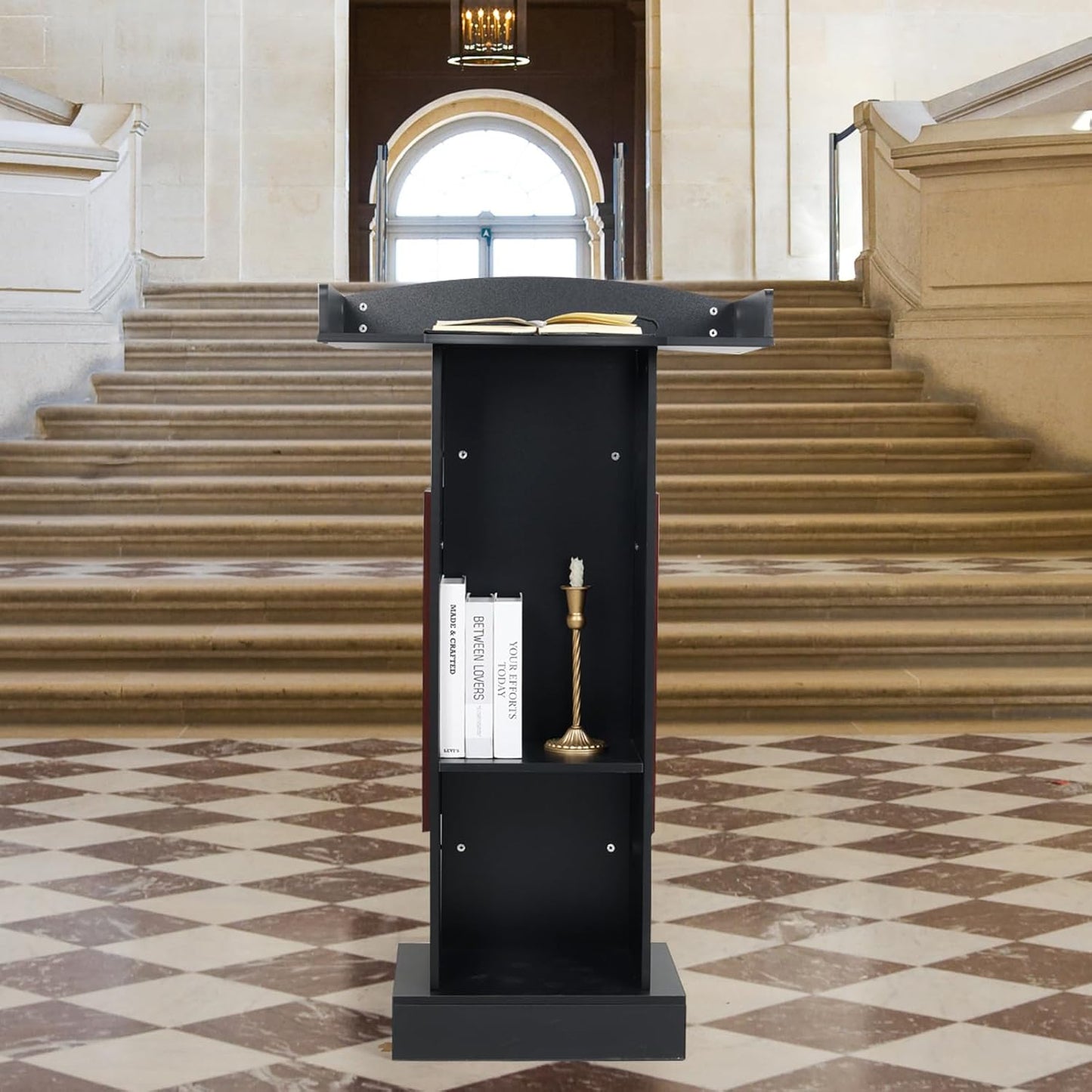 Lectern Podium with Storage Shelves, 41.3H x 23.6W x 15.7D inches, Presentation Pulpit for Church Classroom, Black and Reddish Brown