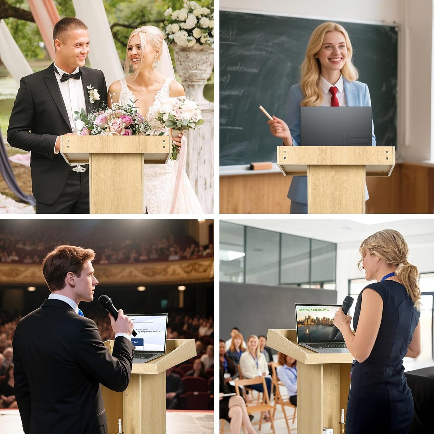 Wooden Lectern Podium Stand with Storage, Church Pulpit for Wedding Classroom Speech, Farmhouse Style, Khaki