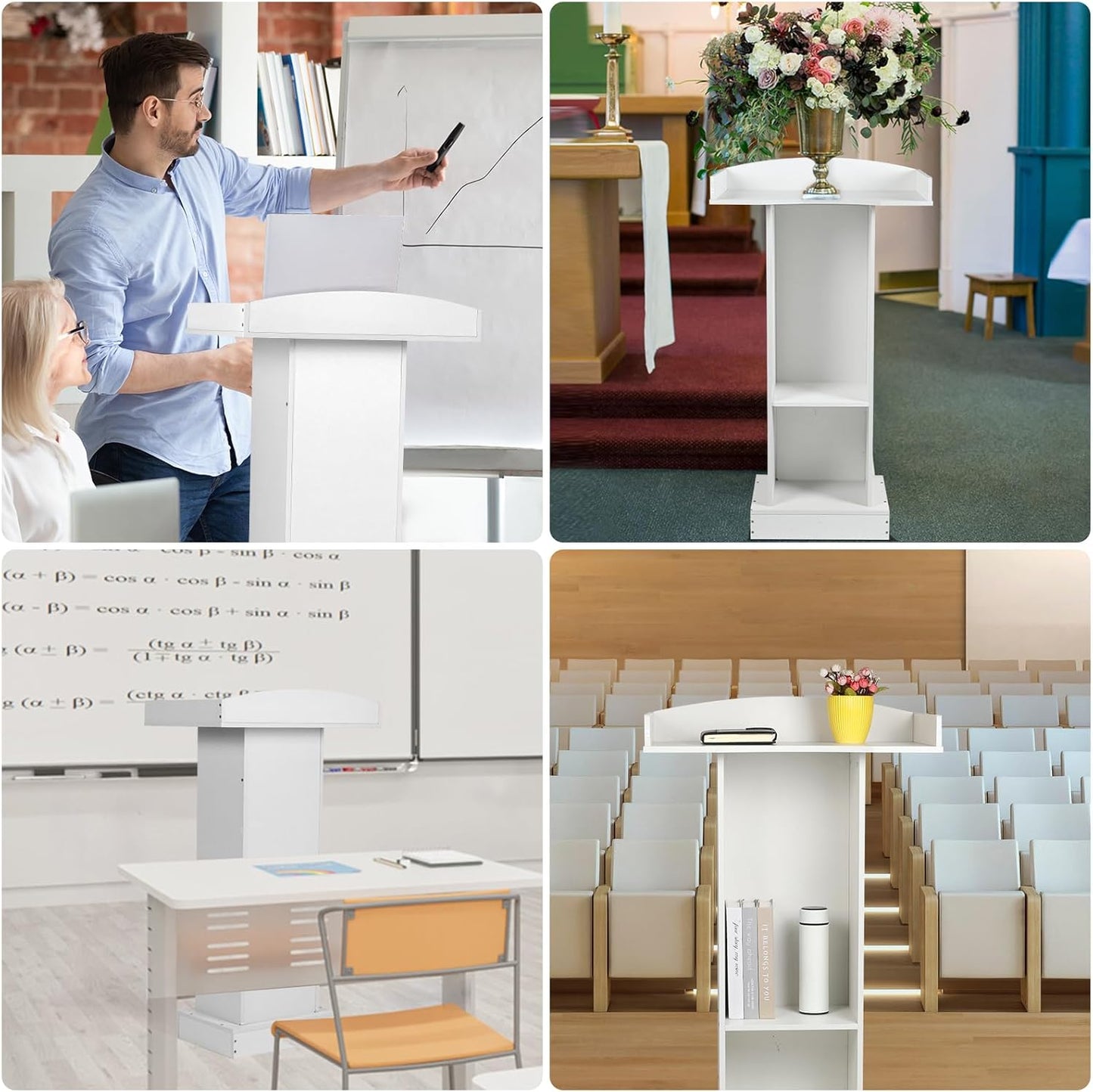 Podium Stand for Lectern Presentation Church Classroom, White Pulpit with Wooden Heavy Base, Podium for Lecture, Wedding Speech