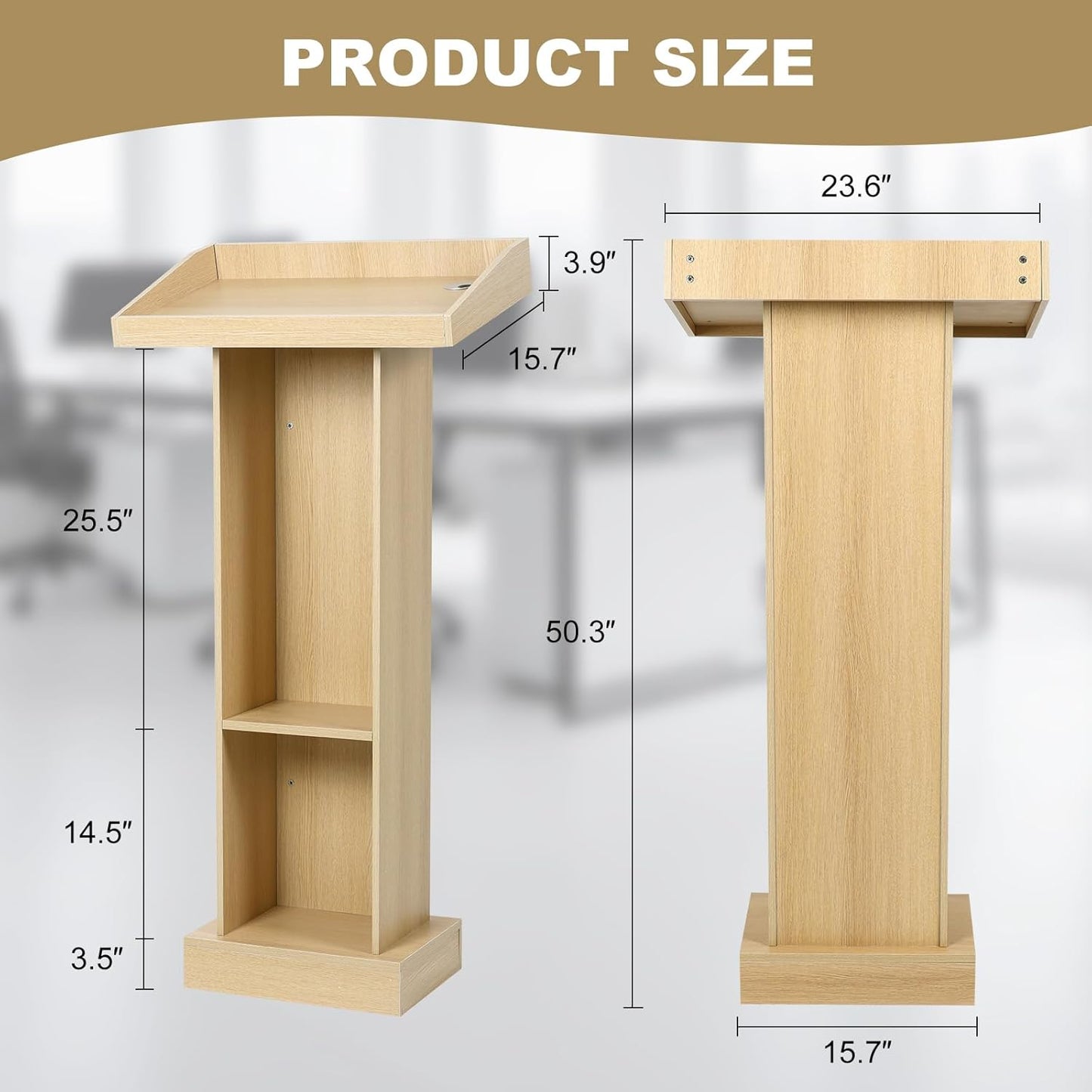 Wooden Lectern Podium Stand with Storage, Church Pulpit for Wedding Classroom Speech, Farmhouse Style, Khaki