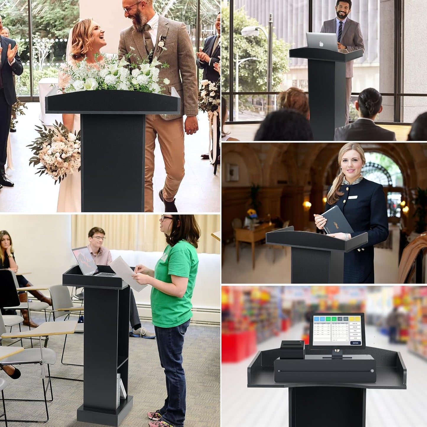 Podium Stand for Lectern Presentation Church Classroom, Pulpit with Wooden Heavy Base, Black Podium for Lecture, Wedding Speech