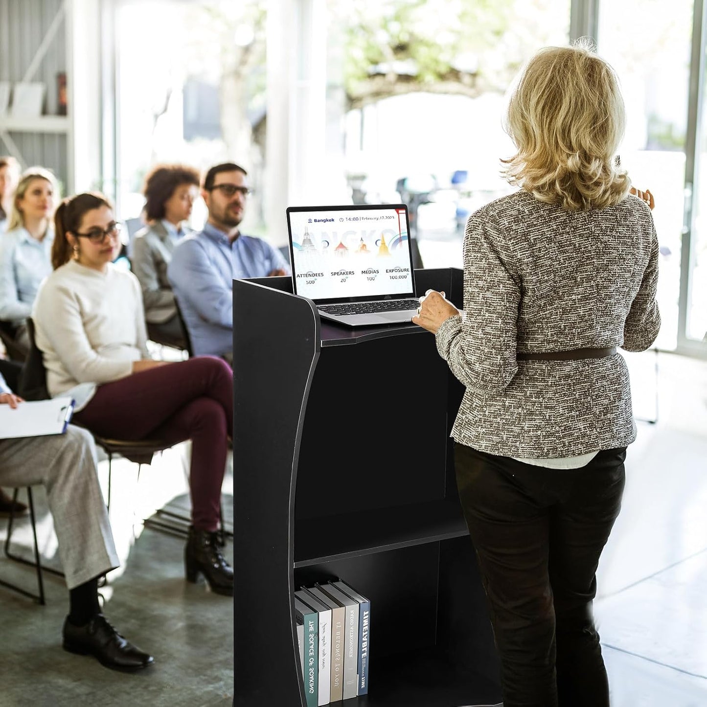 Wooden Podium Stand with Wheels, Black Lectern for Church Pulpits, Reception Desks, Lectures