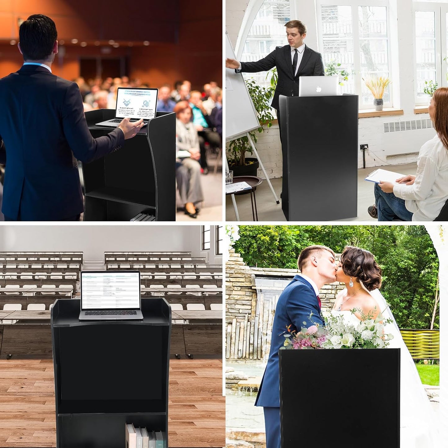Wooden Podium Stand with Wheels, Black Lectern for Church Pulpits, Reception Desks, Lectures