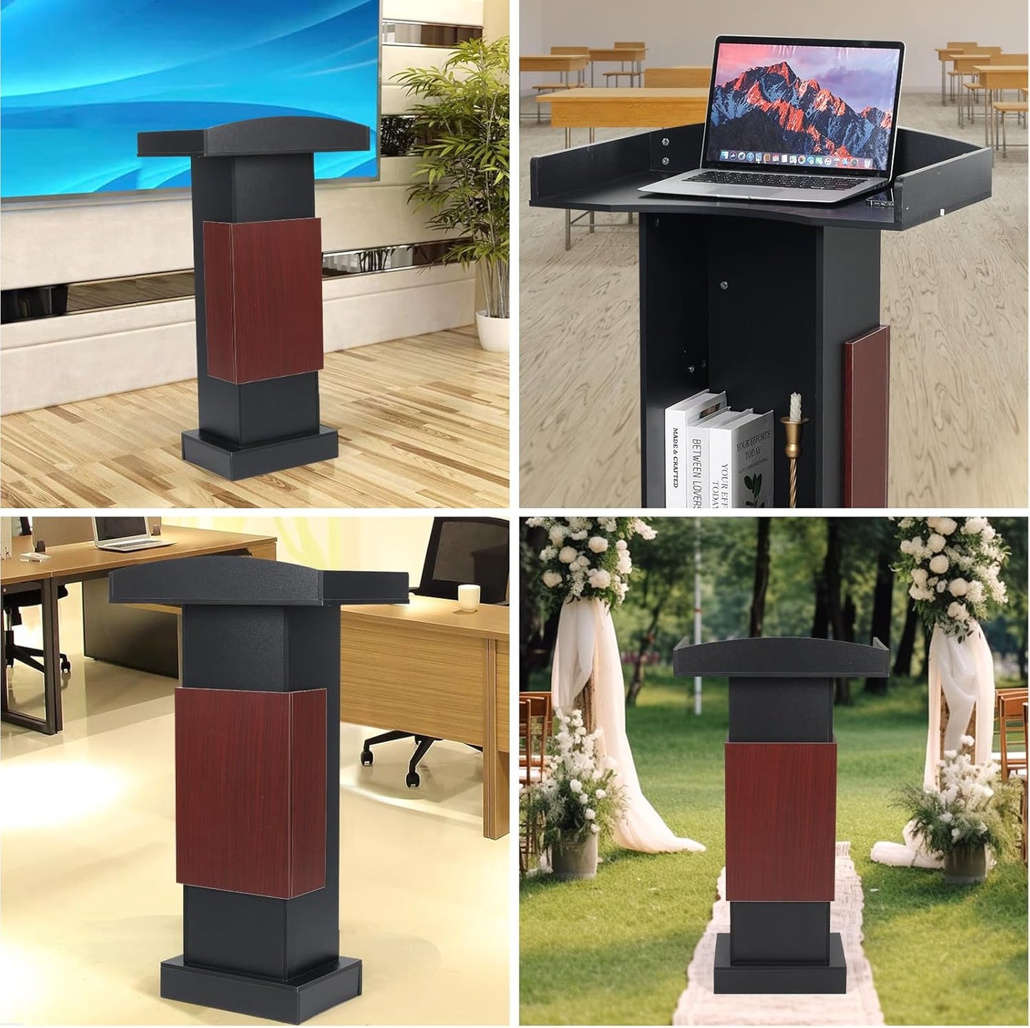 Lectern Podium with Storage Shelves, 41.3H x 23.6W x 15.7D inches, Presentation Pulpit for Church Classroom, Black and Reddish Brown