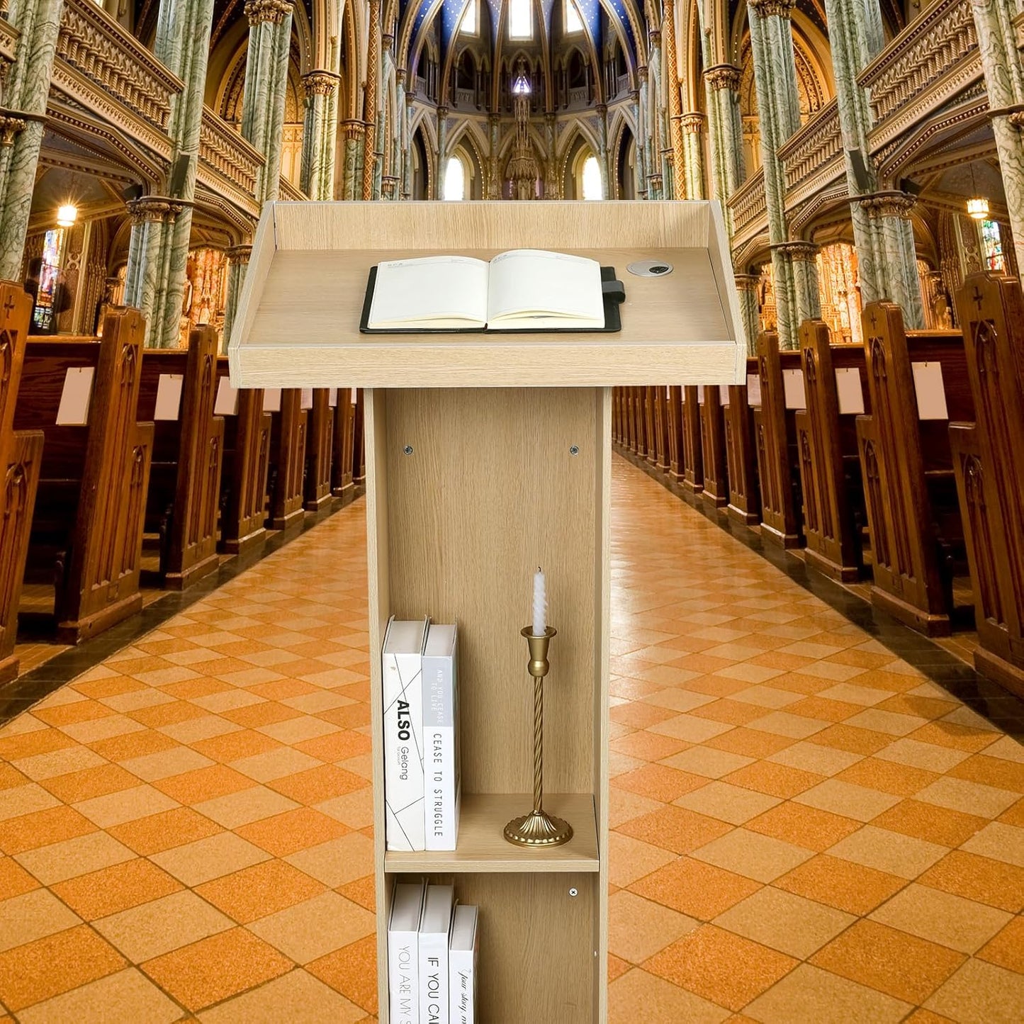 Wooden Lectern Podium Stand with Storage, Church Pulpit for Wedding Classroom Speech, Farmhouse Style, Khaki