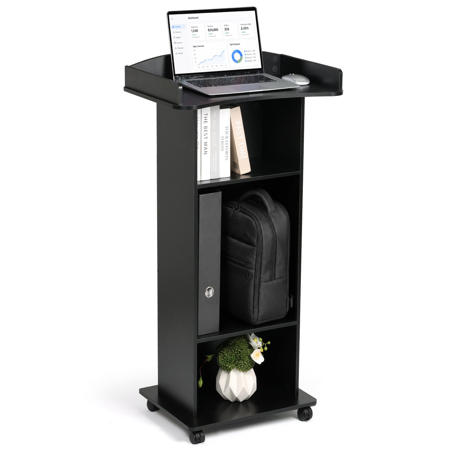 Flow Podium™ Mobile Rolling Lectern with Storage Shelves