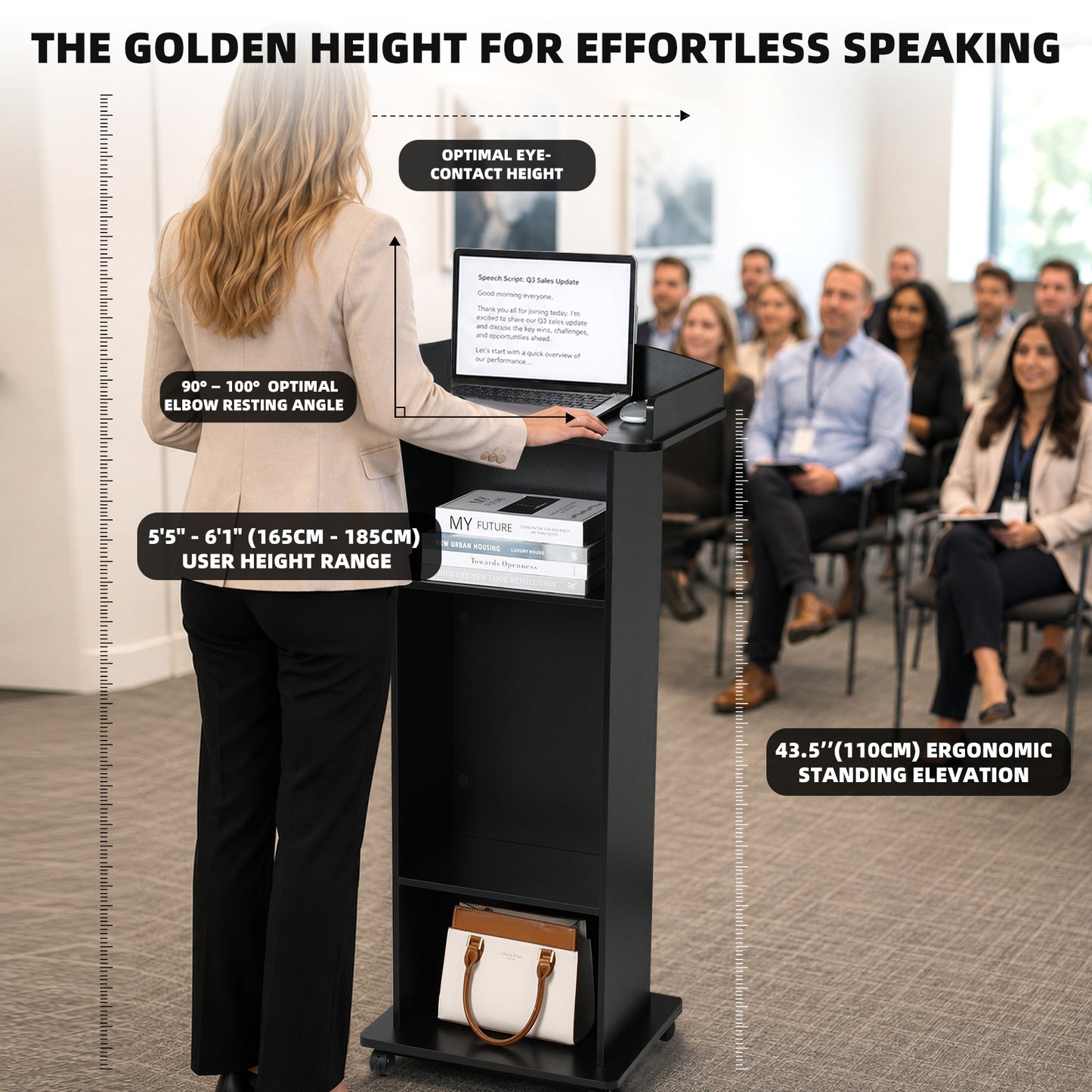 Flow Podium™ Mobile Rolling Lectern with Storage Shelves