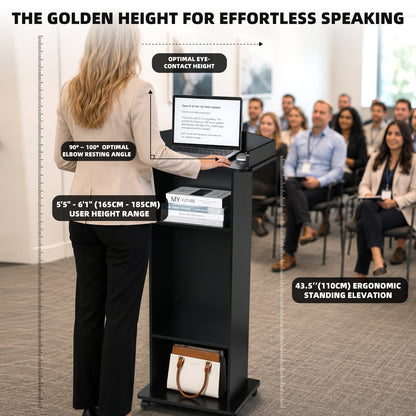 Flow Podium™ Mobile Rolling Lectern with Storage Shelves