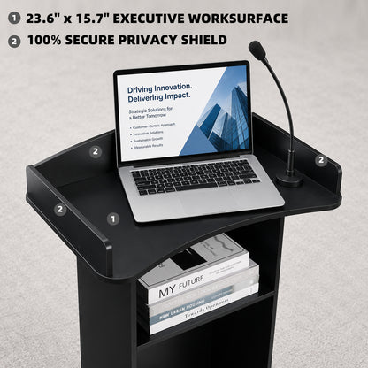 Flow Podium™ Mobile Rolling Lectern with Storage Shelves