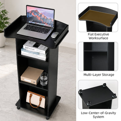 Flow Podium™ Mobile Rolling Lectern with Storage Shelves