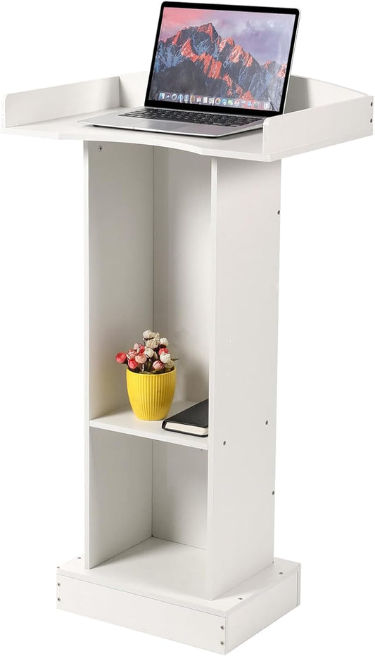 Podium Stand for Lectern Presentation Church Classroom, White Pulpit with Wooden Heavy Base, Podium for Lecture, Wedding Speech