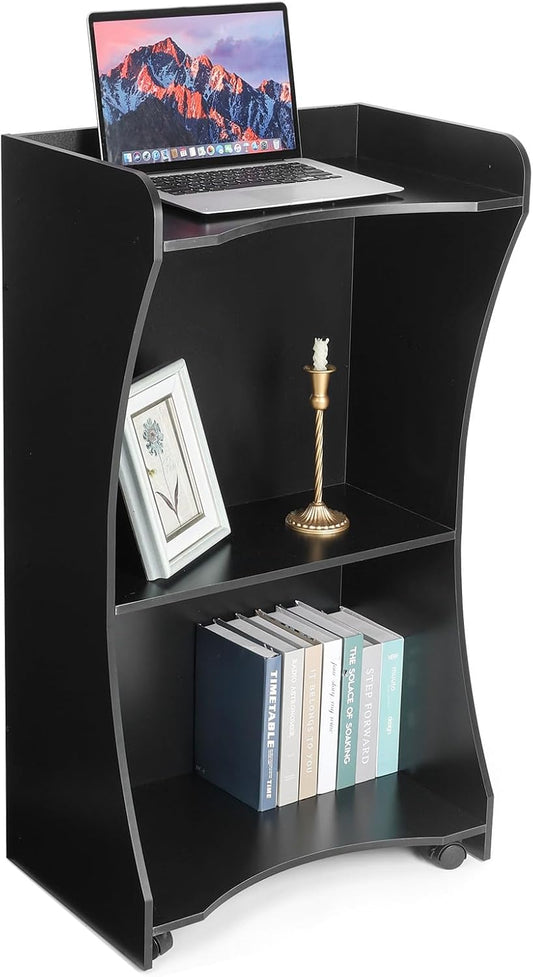 Wooden Podium Stand with Wheels, Black Lectern for Church Pulpits, Reception Desks, Lectures