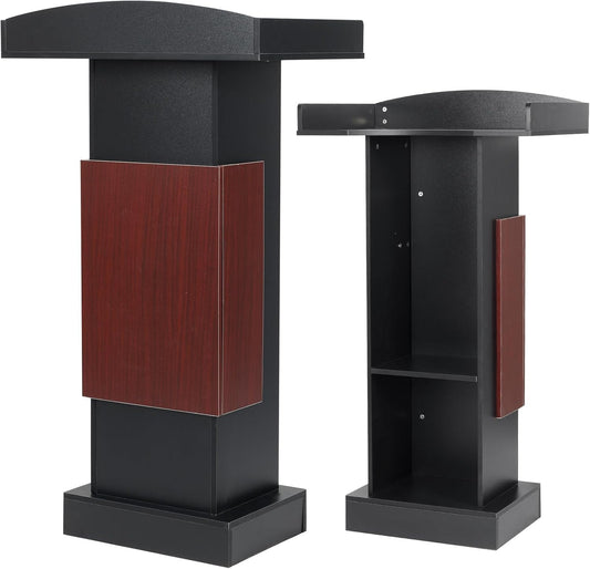 Lectern Podium with Storage Shelves, 41.3H x 23.6W x 15.7D inches, Presentation Pulpit for Church Classroom, Black and Reddish Brown