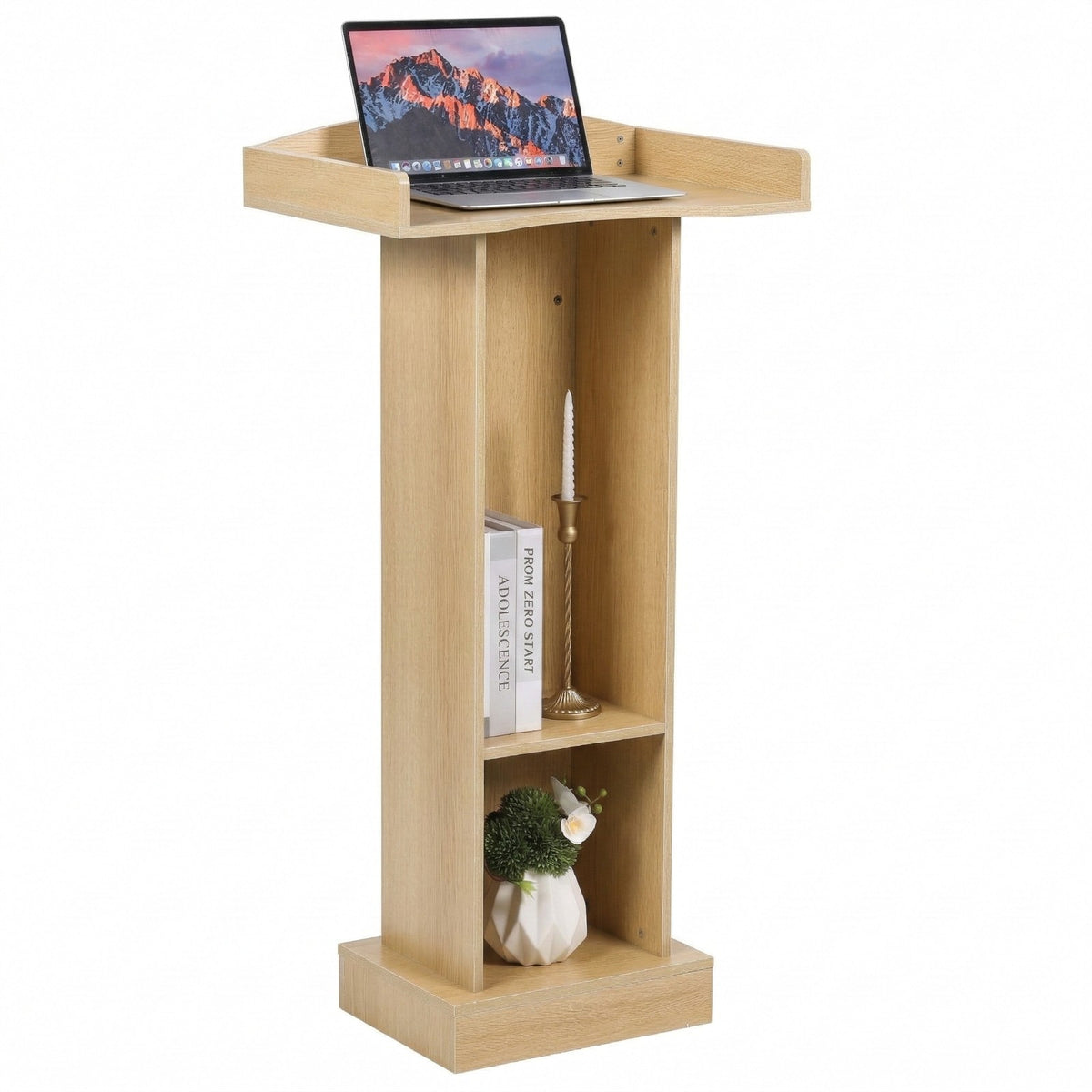 Natural finish MDF podium with laptop and storage shelves