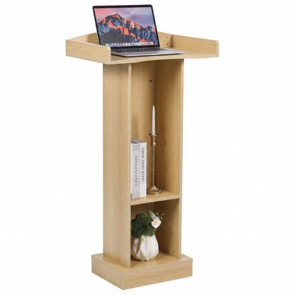 Natural finish MDF podium with laptop and storage shelves