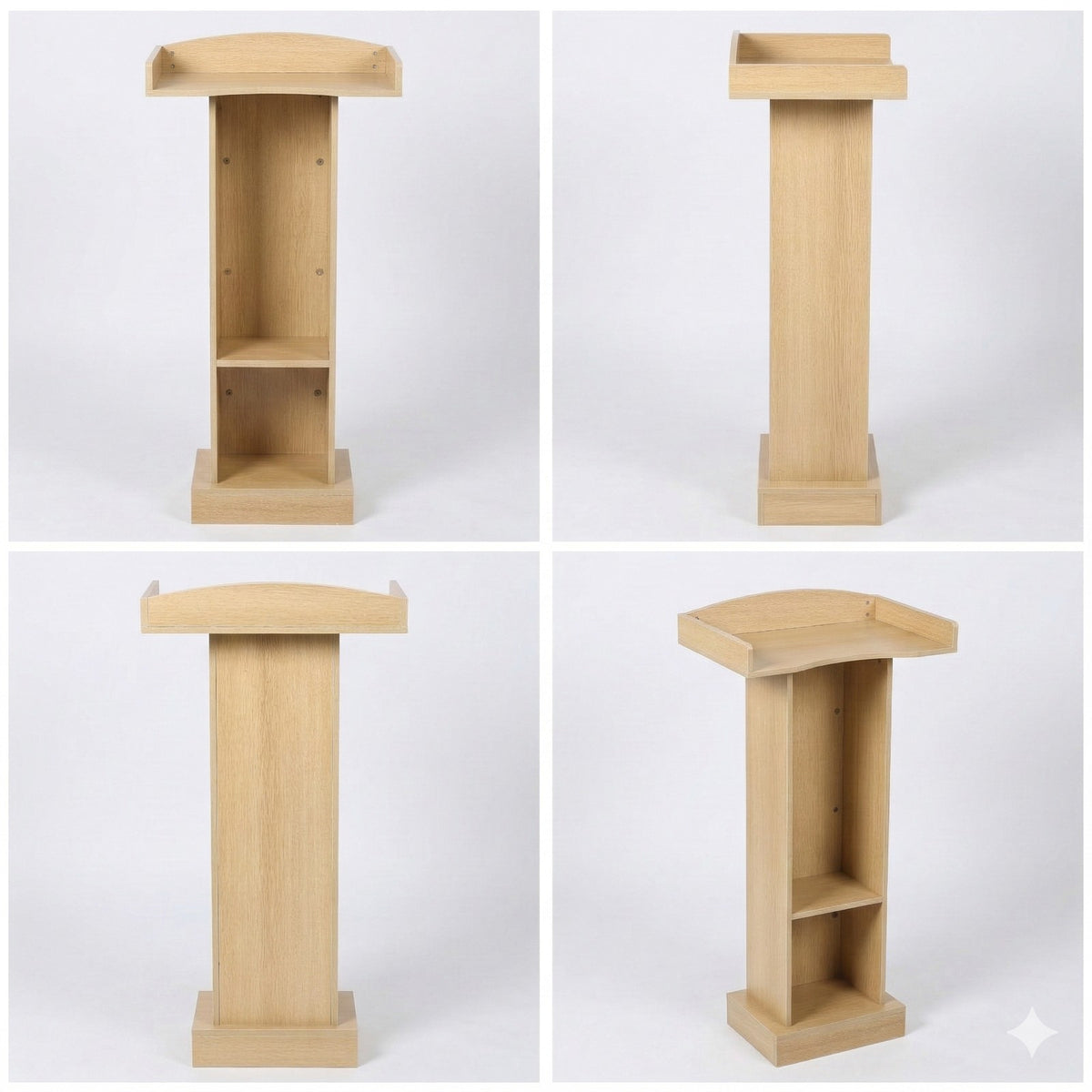 Multiple views of natural finish MDF podium